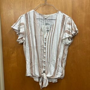Sim & Sam White and Tan Striped Button-Down tie front Blouse